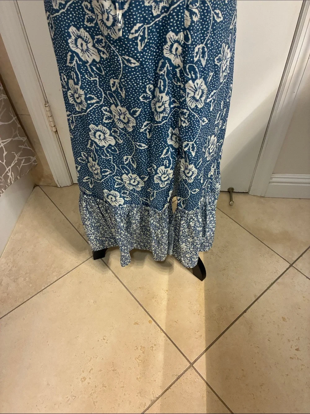PAIGE Blue and White Floral Maxi Dress with Ruffle Hem Sz S
